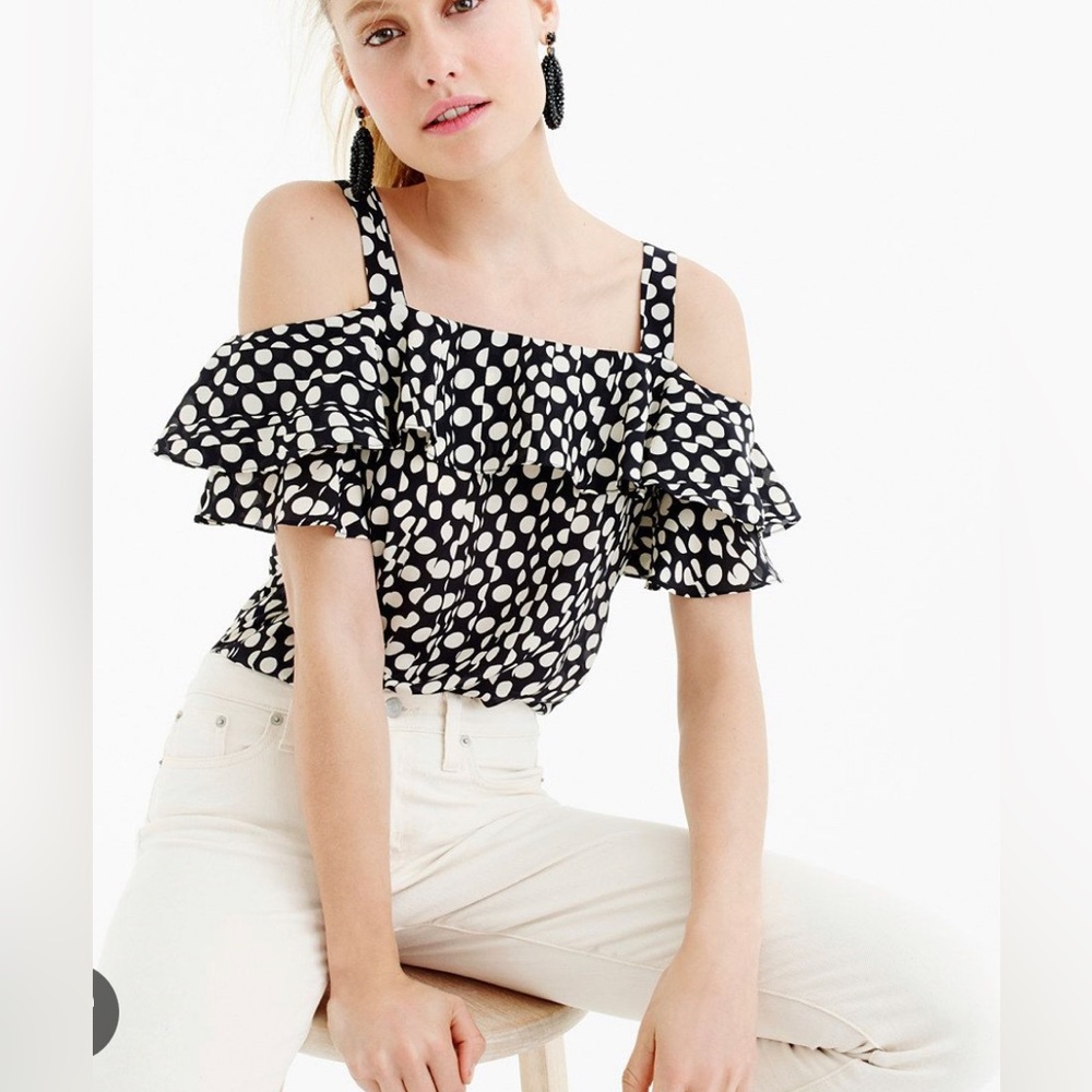 J. Crew Collection Silk Polka Dot Cold Shoulder Top Blouse Women’s 0 Extra Small